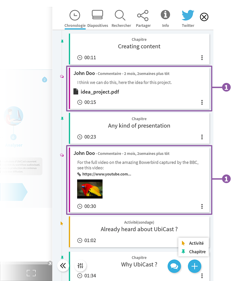 Sidebar du player avec annotations sociales